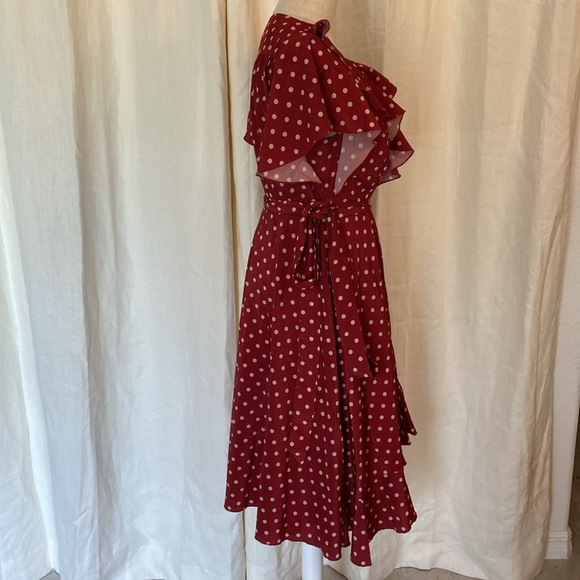 Unique Vintage Red and Cream Polkadot Ruffled Wrap Dress - Picture 2 of 7